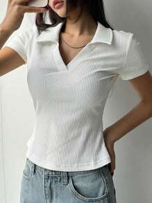 DAZY Dames effen kleur casual slim fit polo kraag korte mouw t-shirt wit top zomer