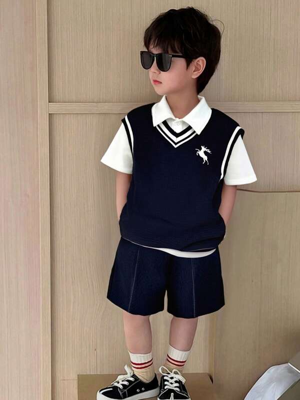 SHEIN 3pcs/Set Young Boy Kids Comfortable Daily Versatile Casual Fashion College Style Simple Style Contrasting Color Splicing Navy Blue Vest And Shorts And White Polo Shirt Knitted Shirt Top Multi Piece Set, Suitable For Spring And Summer Seasons, Daily Life, Sports, Campus, Gatherings, Festivals, Performances, Photography, Back To School Season