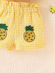 夏季 2 件装女婴休闲格纹上衣，带蝴蝶结肩带和蝴蝶结下摆裙子，带刺绣补丁，可爱装扮 - 黃色 - 查看 6