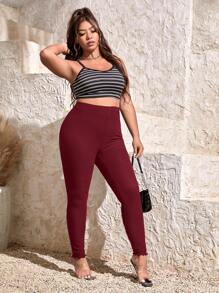 SHEIN PETITE CURVE Plus Size Women High Waist Solid Color Skinny Casual Pants - Burgundy - View 2