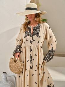 SHEIN Cottnline Women Maxi Button Detailed Black Retro Printed Dress - Black and White - View 6