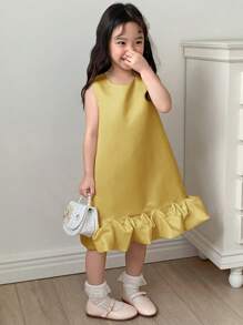 DAZY Young Girl Sleeveless Round Neck Patchwork Ruffle Hem Princess Dress, Luxurious Fall Outfit - Yellow - View 3