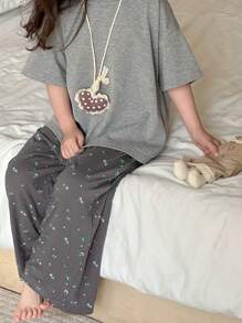 Dazy Kids Conjunto de camiseta de manga corta de punto de cuello redondo y pantalón largo de unicolor para niñas, para primavera/verano - Gris - Ver 7