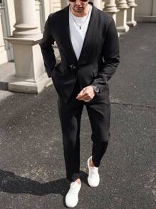 Manfinity Mode Men's Plain Lapel Neck Long Sleeve Top And Pants Suit Set,Men's Business Casual Printed Plaid Double-Breasted Suit Jacket And Trousers Set, Two-Piece Outfit Men Formal Outfit Men Dress Outfit Suits For Men Men Formal Wear Men Suit Formal - Black - View 4