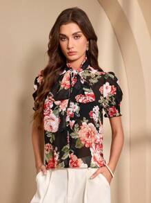 Almamuse 女士优雅迷人的碎花领结领衬衫 - 彩色 - 查看 4