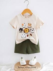 Cozy Pixies 2pcs/Set Baby Boy Cartoon Animal Print Knitted Soft Round Neck Short Sleeve Pullover Top And Elastic Waist Shorts