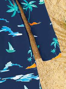 SHEIN Tween Boys Full Print Snug Fit One-Piece Knitted Swimsuit, Casual - Navy Blue - View 4