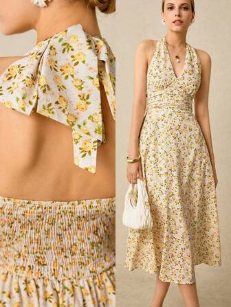 Poéselle Women's Romantic Yellow Ditsy Floral Ruched Waist Backless Halter Dress, Suitable For Vacation