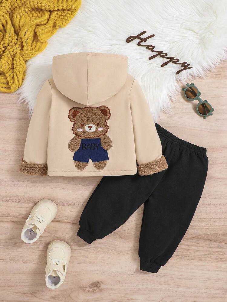 Baby Boy Bear Embroidery Teddy Lined Hooded Jacket & Sweatpants