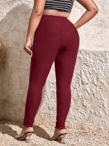 SHEIN PETITE CURVE Plus Size Women High Waist Solid Color Skinny Casual Pants - Burgundy - View 6