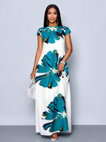 SOLERSUN Women's Fashionable Tropical Print Short Sleeve Maxi Dress - Teal Blue - View 5