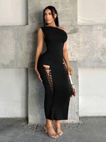 SHEIN SXY Vestido largo de unicolor para mujer, con cuello asimétrico, minimalista y de moda, apropiado para el verano