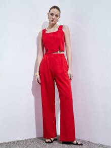 Aveloria Modichic Women Business Square Neck Sleeveless Red Crop Top And Wide Leg Pants Suit Set, Commuting Style - Red - View 5