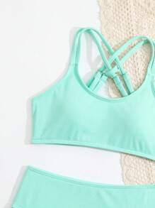 SHEIN WESTFADE Young Conjunto de bikini de unicolor con espalda cruzada para adolescentes, apto para el verano y la playa