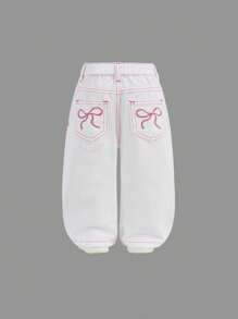 SHEIN Baby Girl Cute Pink Bow Embroidered Pattern Blue Denim Trousers , Jeans, Baby Girl Fall And Winter Clothes