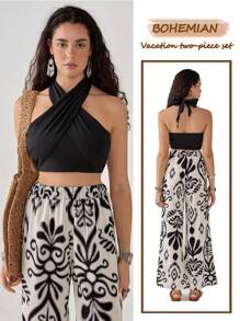 Florisole Bohemian Vacation Bez Ramiączek Crop Top & Szerokie Spodnie 2 Częściowy Zestaw Dla Kobiet