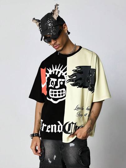 Street Life Herren asymmetrisches Kontrast-Farbdruck-Loose Crop T-Shirt