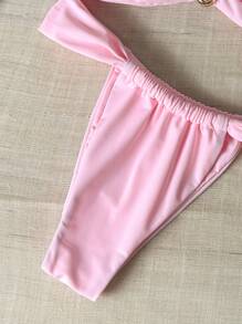 Swim Chiccia 女士海滩夏季服装 - 纯色抹胸金属装饰和丁字裤比基尼套装，性感泳装 - 粉色 - 查看 5
