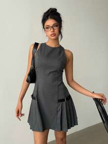 Aloruh Women's Casual Dark Grey Mini Dress: Sleeveless Round Neck Woven Fabric Dress With Zipper And Flared Hem - Dark Grey - View 6