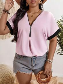 Calvaya Camisa única con cuello en V, cierre de cremallera parcial y color de contraste empalmado