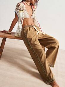 Bohemela 波西米亚风西式纯色编织低腰宽松直筒女式洗水裤