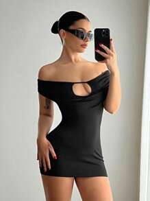 EgrlEra Women's Elegant Sexy Party Off-Shoulder Cut-Out Waist Bodycon Mini Dress, Little Black Dress - Black - View 1