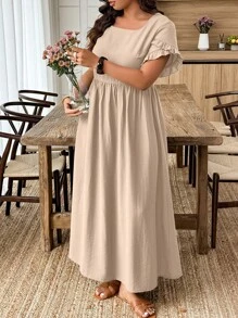Breezaya Váy chữ A tay ngắn viền bèo nhún màu trơn cỡ lớn - Màu Khaki - Xem 4