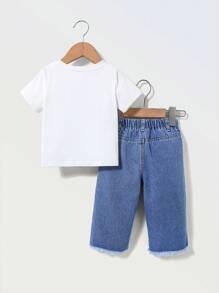 Denimly Baby Girls Casual Urban 2 Pieces Set: Black English Print & Gold Crown Soft White Short Sleeve T-Shirt, Denim Wide Leg Pants With Hem Fringe & Elastic Waistband, Versatile Everyday All-Match