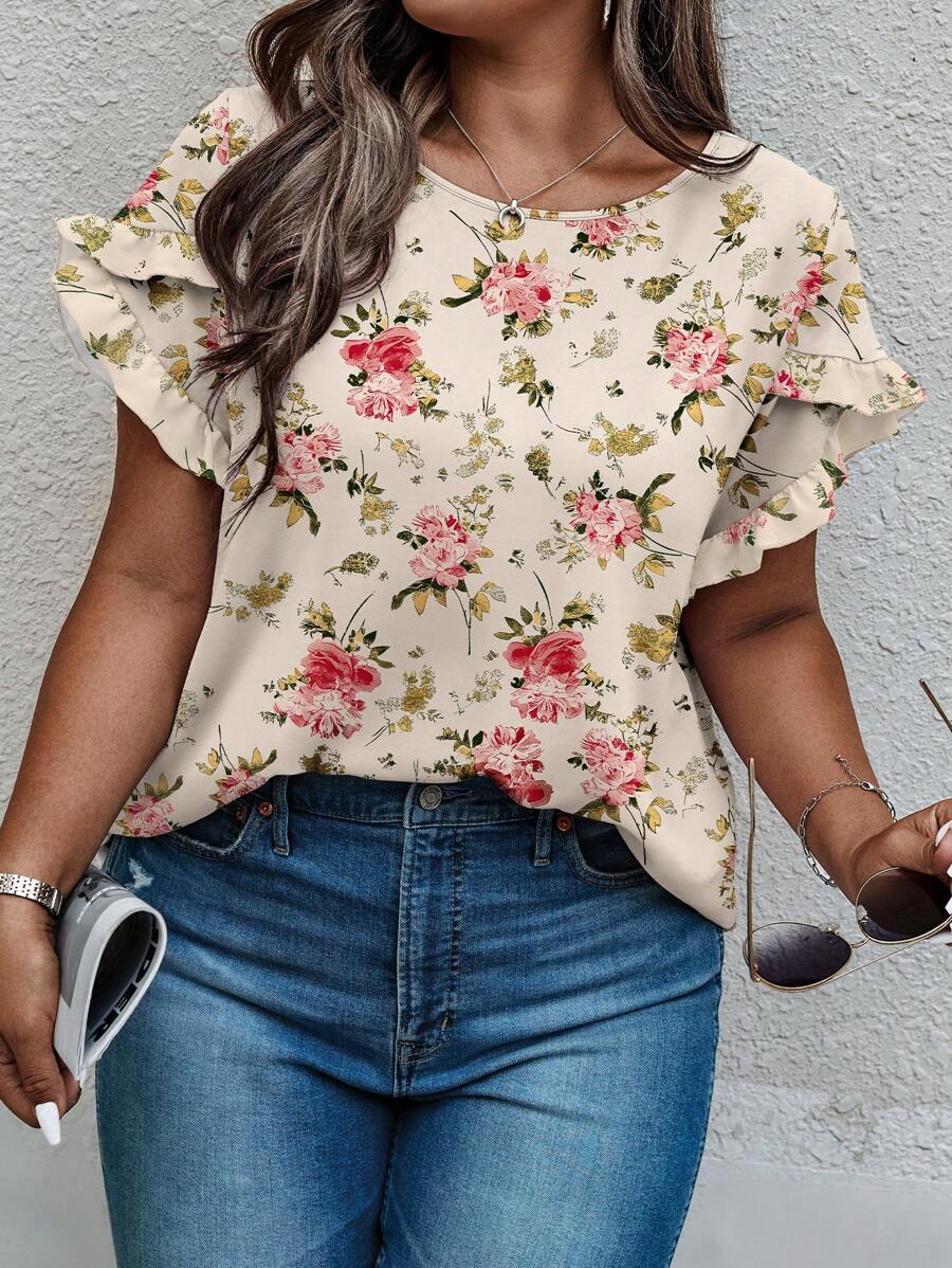 INAWLY Solva Bluzka damska z krótkim rękawem i dekoltem w serek w dużych rozmiarach, z rozszerzanym dołem - Wielokolorowe - Zobacz 1