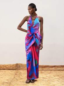 Maija Robe femme à imprimé tie-dye bleu et rouge, tissu coloré, dos nu sexy, ourlet fendu avec nœud torsadé. Robe élégante pour soirée, vacances, été - Rose vif - Voir 6