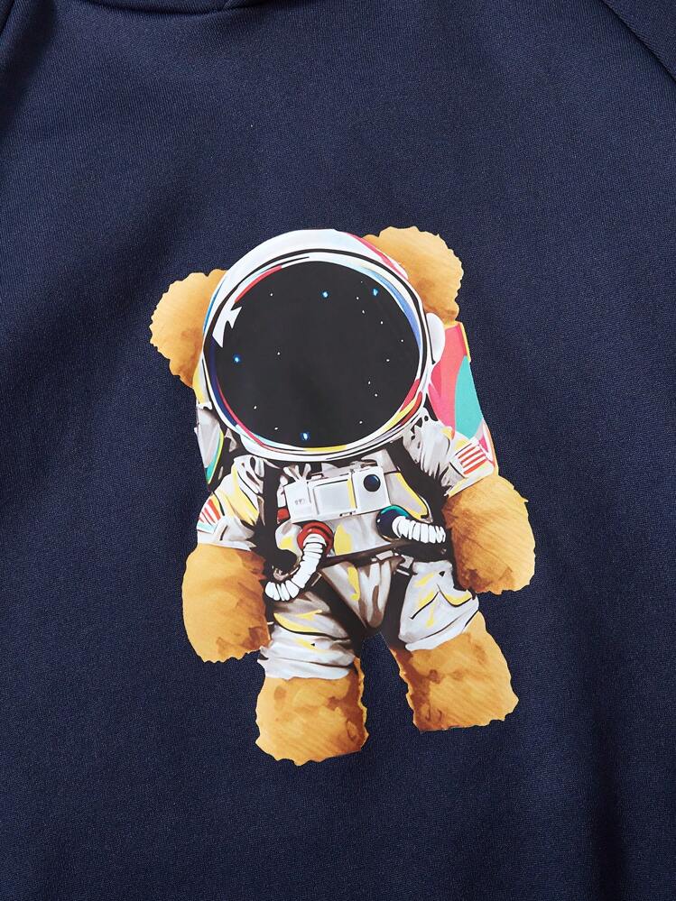 2 件 Tween Boy 宇航员熊设计连帽衫和运动裤套装，带保暖内衬 - 藏蓝色 - 查看 5