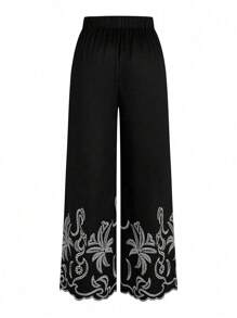 Celure Plus Size Textured Floral Embroidered Relaxed Straight Leg Casual/Work Pants - Multicolor - View 2