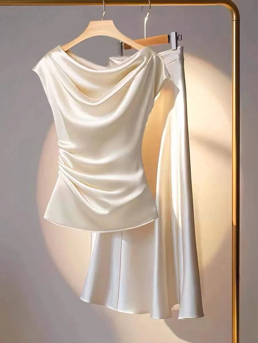 Franclia Bộ 2 áo sơ mi rộng rãi màu trơn và chân váy maxi cho nữ, trang phục mùa hè thanh lịch - Màu be - Xem 1