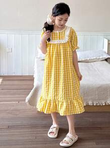 Dazy Kids 青少年女孩秋装，青少年女孩圆领编织格子短袖睡袍家居服，夏季，返校服 - 黃色 - 查看 7