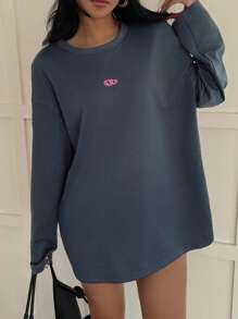 SHEIN EZwear 女士圆领长袖印花休闲宽松 T 恤 - 深灰色 - 查看 4