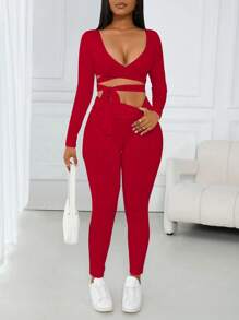 SHEIN VaVaLuxe 2 件套舒适休闲 V 领交叉蝴蝶结长袖上衣和褶皱腰带紧身裤，粉色 - 紅色 - 查看 5
