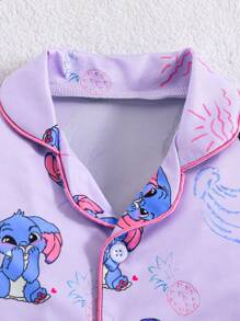 2pcs/Set Girls Cute Cartoon Droopy Ear Rabbit Print Short Sleeve T-Shirt And Shorts Comfy Casual Pajamas Lavender,Summer,Family Matching,Wedding Guest - Purple - View 3