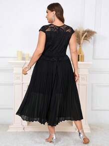 SHEIN Clasi Plus Size Women Elegant Lace Patchwork Pleated Hem Chiffon Black Summer Long Dress,Formal Evening Wedding Guest Prom Graduation Easter Dress - Black - View 2