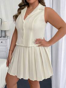 Franclia Plus Size Women Single-Breasted Vest And Pleated Midi Skirt Casual 2-Piece Set