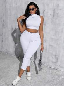 Quần Capri bó sát co giãn bằng vải denim trắng cỡ lớn dành cho nữ - trắng - Xem 7