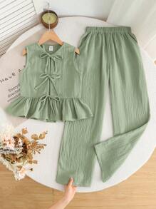 SHEIN LMoss Kids Tween Girls Commute Casual Solid Knit Crew Neck Top And Straight Leg Pants Set