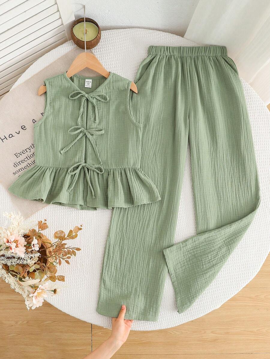 SHEIN LMoss Kids Tween Girls Commute Casual Solid Knit Crew Neck Top And Straight Leg Pants Set