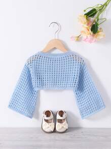 Elladie kids Young Girl Plain Round Neck Hollow-Out Loose Sweater, Long Sleeve - Baby Blue - View 2