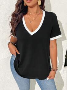 SHEIN Frenchy Plus Size Women V-Neck Short Sleeve Casual T-Shirt