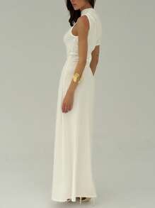 Aloruh 女士纯色不对称领口褶饰优雅及地长裙 - 白色 - 查看 6