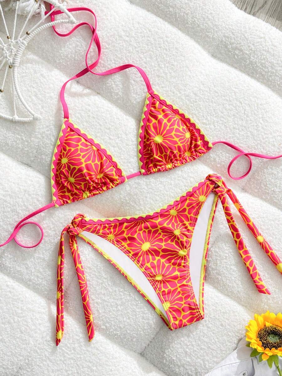 SHEIN 2pcs Vacation Floral Print Halter Tie Backless Ruffled Contrast Decor Women Swimwear Set For Summer - Multicolor - View 1