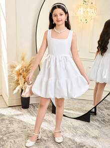 Tween 女童优雅方领无袖天鹅绒束腰蝴蝶结 A 字形连衣裙 - 白色 - 查看 9