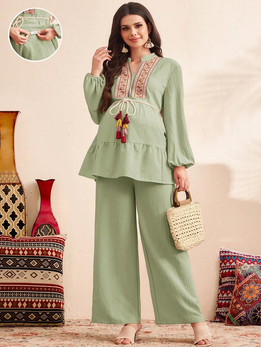 SHEIN 2pcs Maternity Tassel Trim Patchwork Lantern Sleeve Shirt And Pants Set - Green - View 1