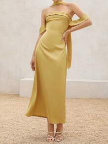 Aveloria 2025 春夏新款优雅法式女神淑女长裙，心形领口，腰部突出设计搭配长围巾，适合婚礼、派对活动 - 黃色 - 查看 1