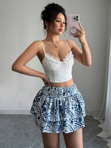 Elenzga 女士度假圆点印花腰带荷叶边下摆半身裙 - 藍色 - 查看 6